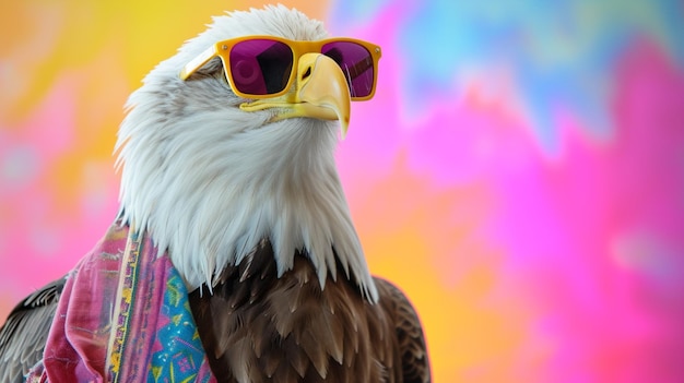 Photo bald eagle sunglasses and scarf in studio with a colorful and bright background ai generative