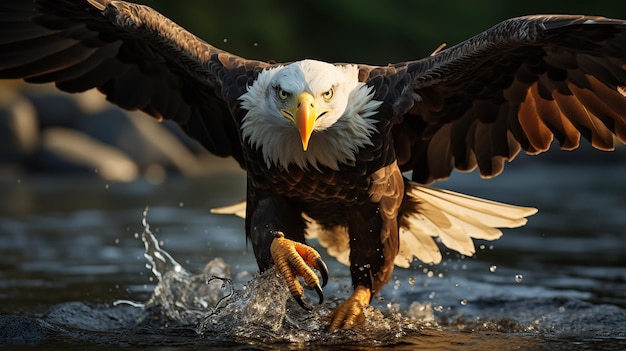 Foto aquila calva che scende in picchiata per catturare un pesce sul fiume