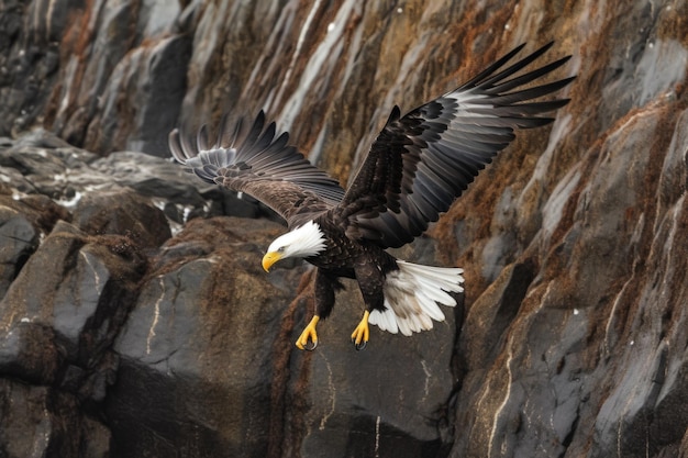 Bald eagle taking off from a rocky cliff motion blur created with generative ai