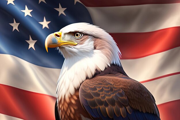 Bald eagle with American Flag in the Background Head View