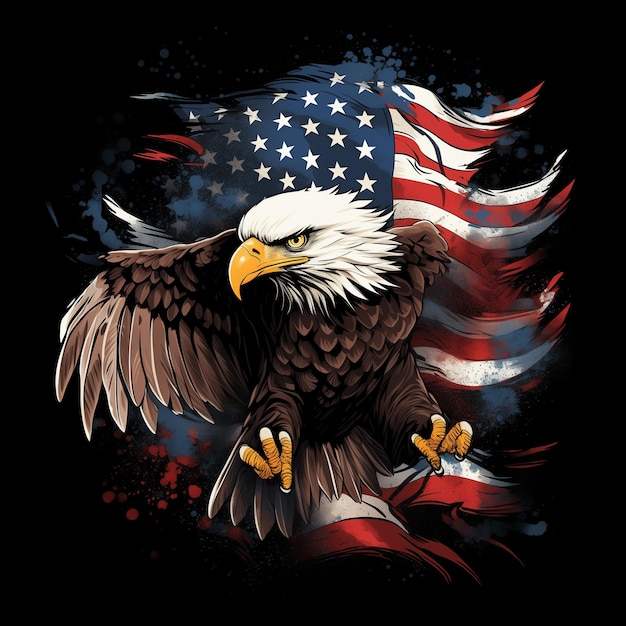 bald eagle with american flag on black background generative ai