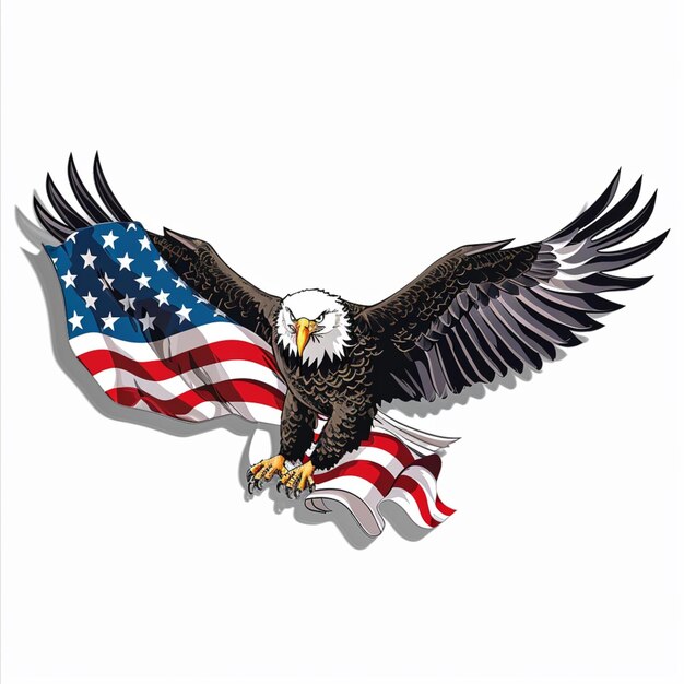 bald eagle with american flag flying in the sky generative ai