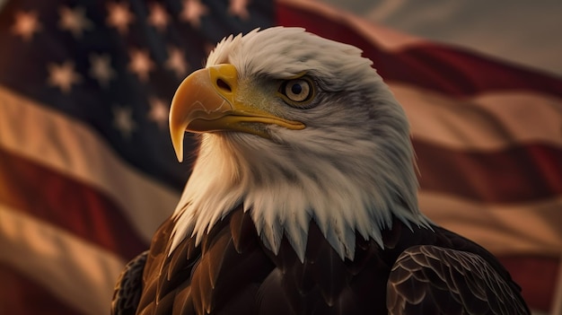 A bald eagle with the american flag behind it