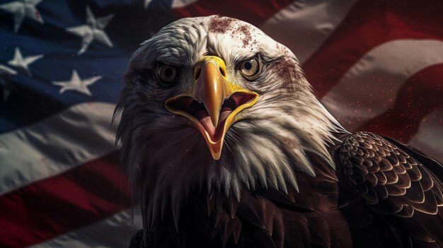 A bald eagle with the american flag behind it