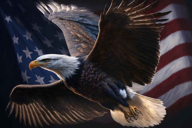 A bald eagle with the american flag behind it