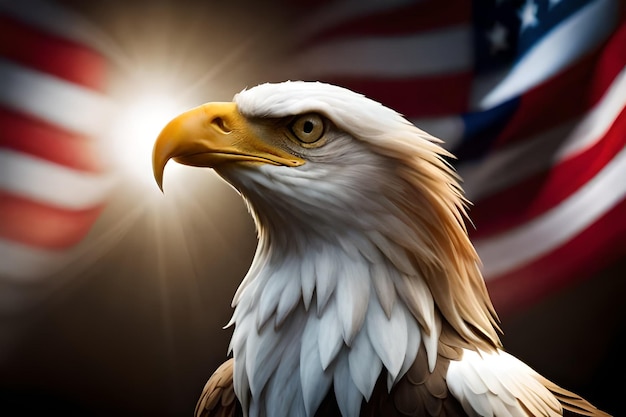 A bald eagle with the american flag behind it