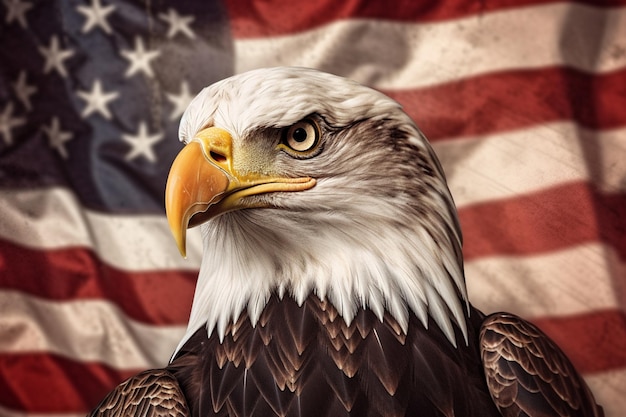 A bald eagle with the american flag behind it