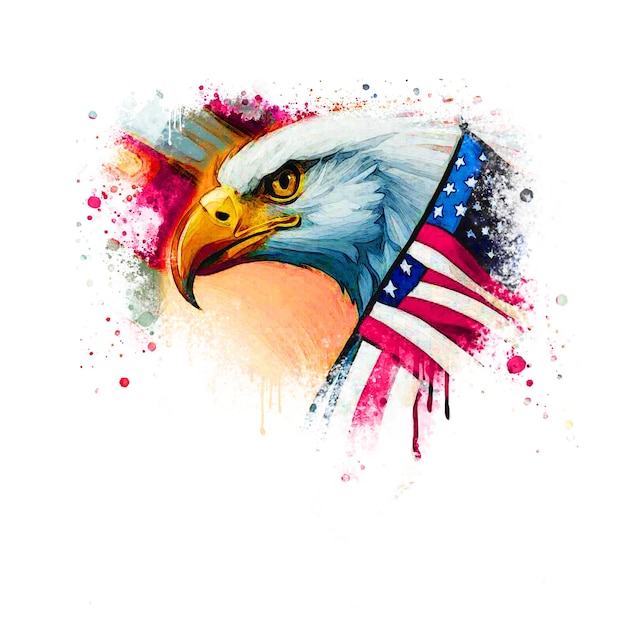 A bald eagle with an american flag on its head