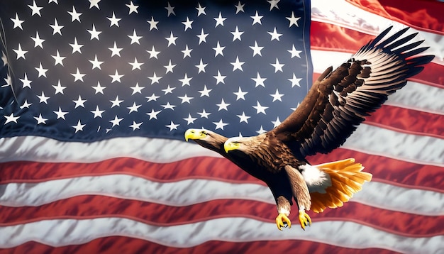 A bald eagle with the american flag