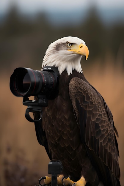 Photo a bald eagle with a camera on his neck