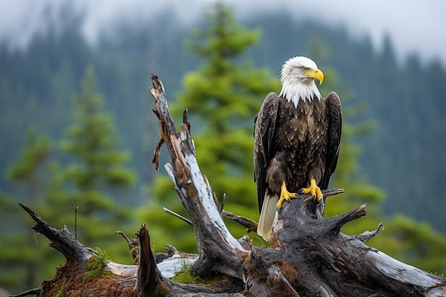 Foto aquila calva con un campo di margherite in primo piano