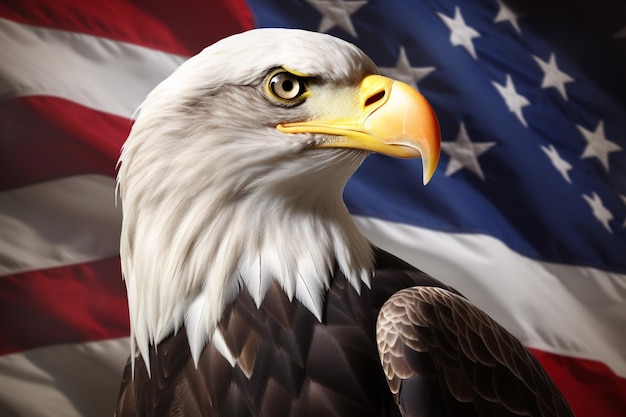 Bald Eagle with a field of daisies in the foreground