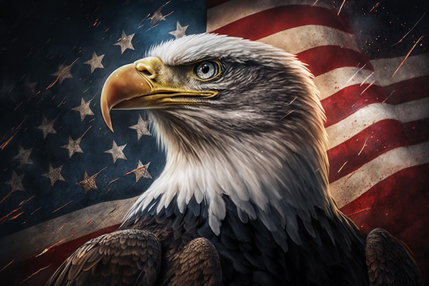 A bald eagle with a flag background