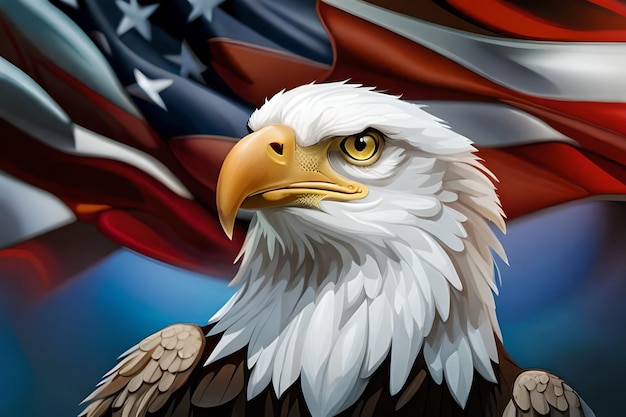 A bald eagle with a flag in the background