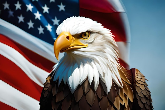 A bald eagle with a flag in the background