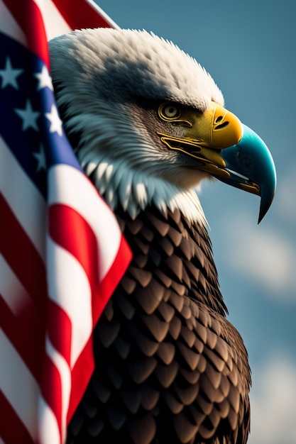 A bald eagle with a flag in the background