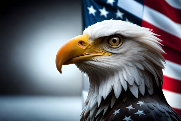 A bald eagle with a flag in the background