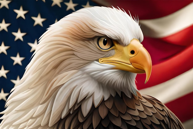 A bald eagle with a flag behind it