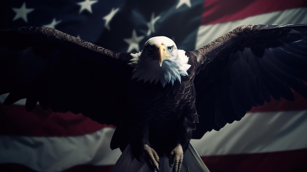 A bald eagle with the flag behind it