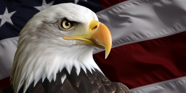 A bald eagle with the flag behind it