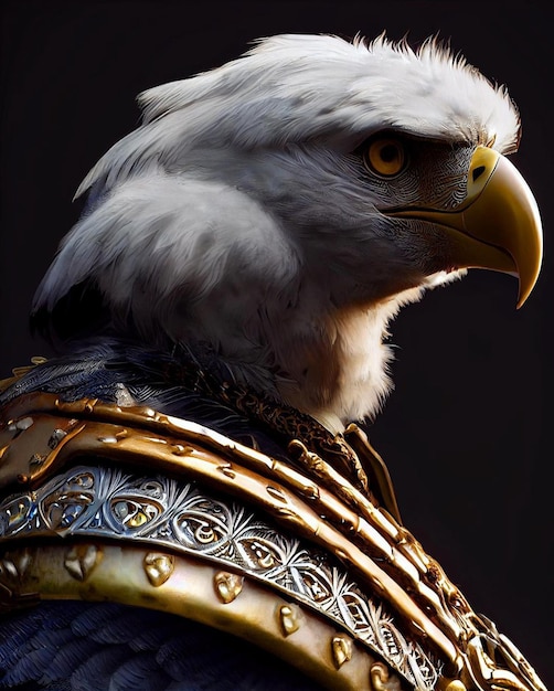 A bald eagle with a gold chain around his neck