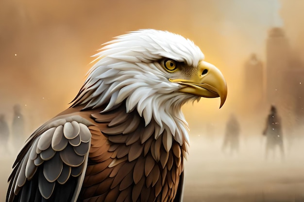 A bald eagle with a golden head and a blurry background