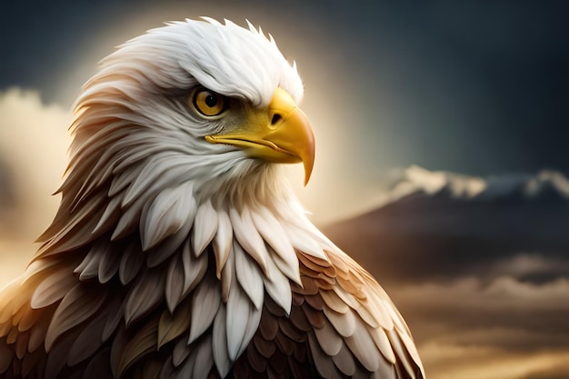 A bald eagle with a mountain background