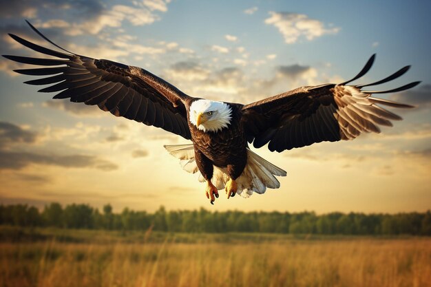 Photo bald eagle with outstretched wings flying over a mountain range