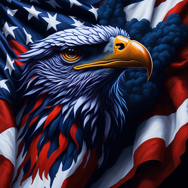 A bald eagle with a red beak and blue eyes is in the background of a flag