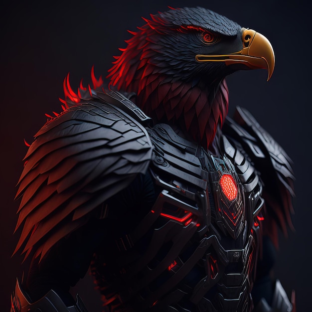 A bald eagle with a red heart on its head