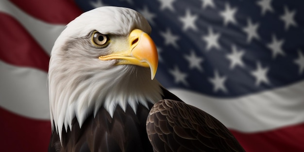 A bald eagle with a red and white flag behind it