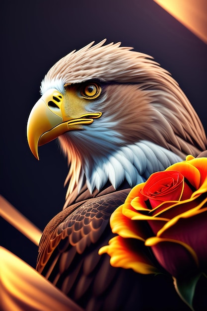 A bald eagle with a rose on its head