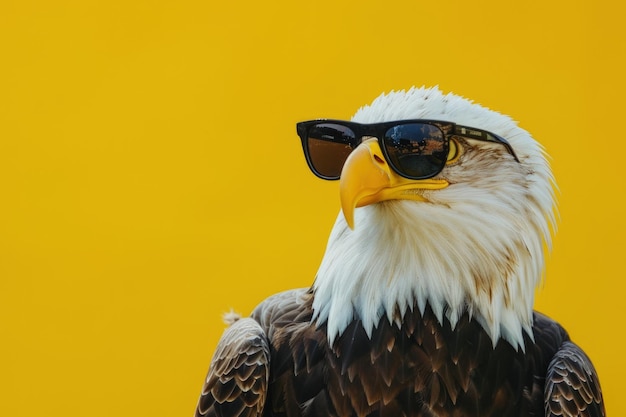 bald eagle with sunglasses in the style of american flag on yellow background