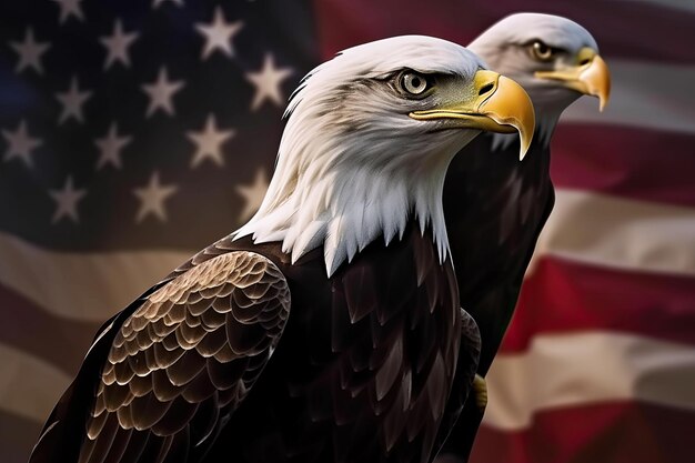 A bald eagle with a USA flag in the background