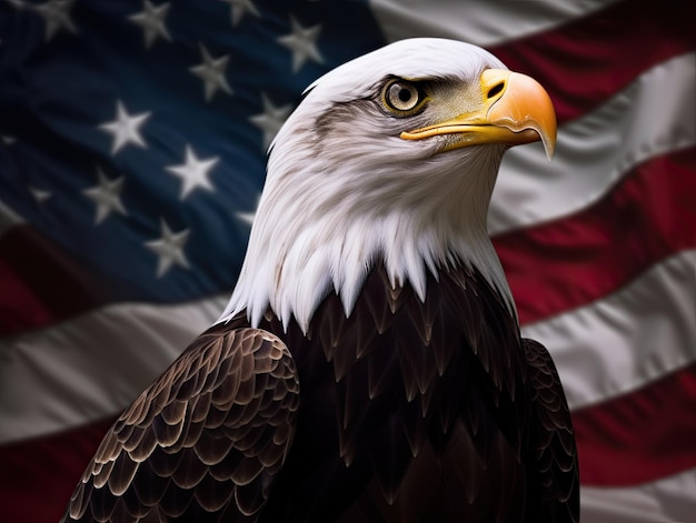 A bald eagle with a USA flag in the background