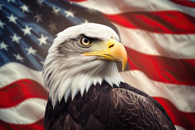 백그라운드에서 미국 국기와 흰머리 독수리