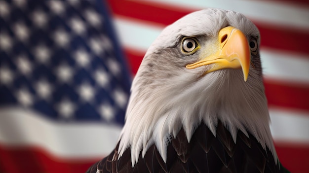 A bald eagle with a USA flag in the background