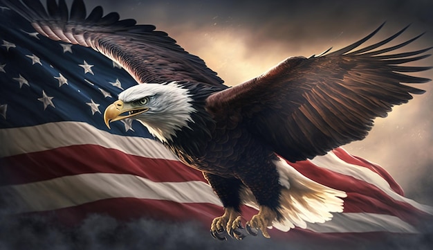 Bald eagle with USA flagGenerative ai