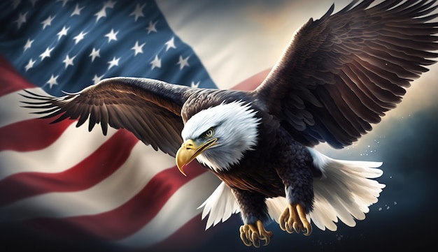 Bald eagle with USA flagGenerative ai