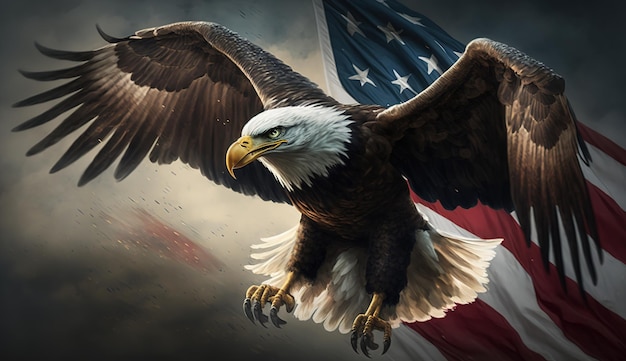 Bald eagle with USA flagGenerative ai