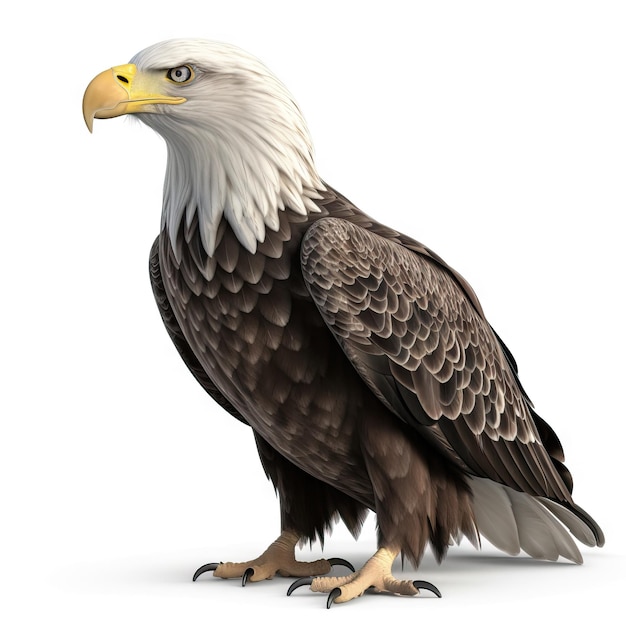 A bald eagle with a white head and a yellow beak standing on a white background