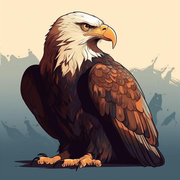 A bald eagle with a yellow beak and a blue background.