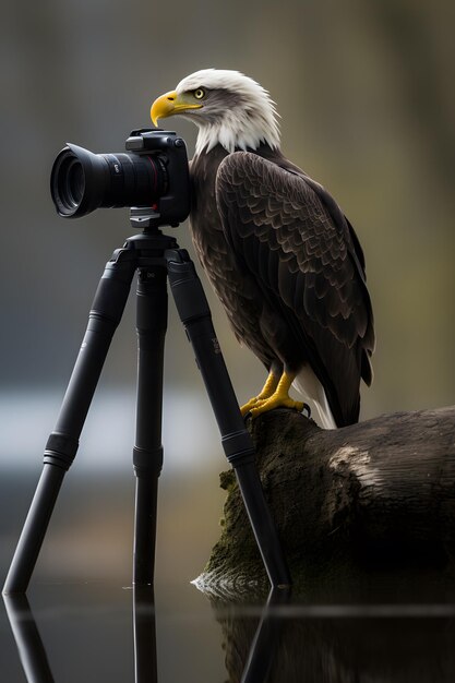 Photo a bald eagle with a yellow beak sits in front of a forest