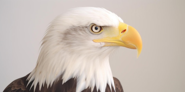 A bald eagle with a yellow beak and a white feather.