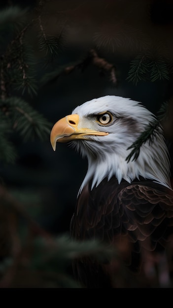 A bald eagle with a yellow beak