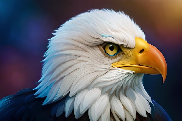 A bald eagle with a yellow eye and a blue eye.