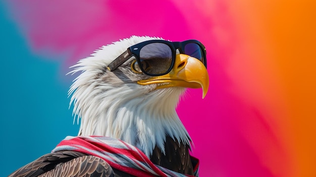 Bald Eagle-zonnebril en sjaal in studio met een kleurrijke en heldere achtergrond AI Generatief