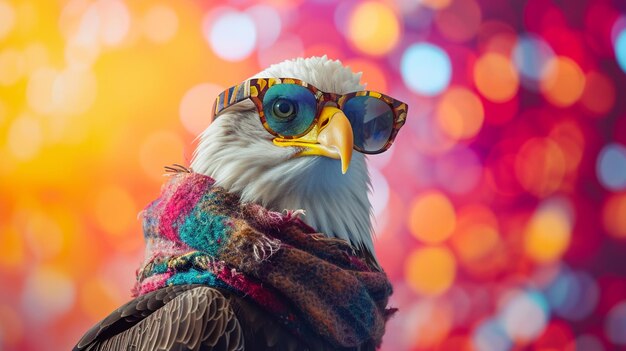 Bald Eagle-zonnebril en sjaal in studio met een kleurrijke en heldere achtergrond AI Generatief