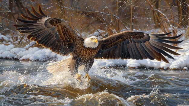 Photo a bald eagle39s hunt over the iowa river a dynamic display of nature in the heart of iowa city ai generative