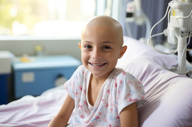 Bald girl smiling in cancer hospital bed